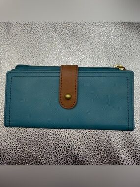 Fossil Lainie Teal Leather Slim Fold-Over Clutch Wallet